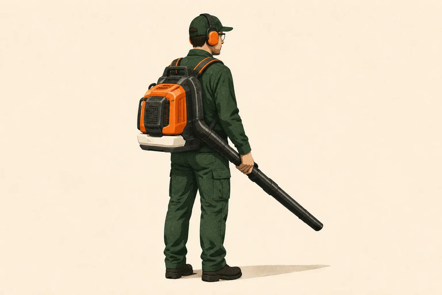 Backpack leaf blower fit illustration of an operator wearing a generic blower and protective equipment