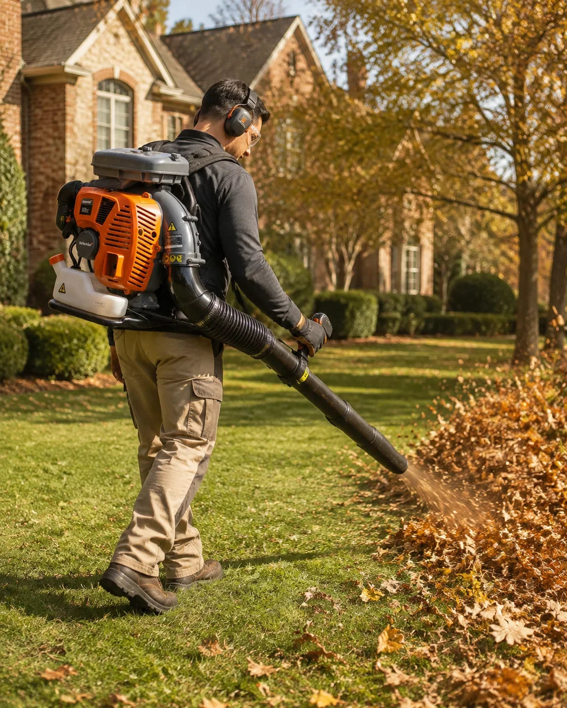 Blowing wet leaves guide: Schröder SR-6400L being used outdoors