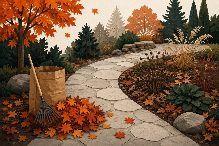 Fall yard cleanup checklist illustration with autumn leaves, a rake and a clear garden path