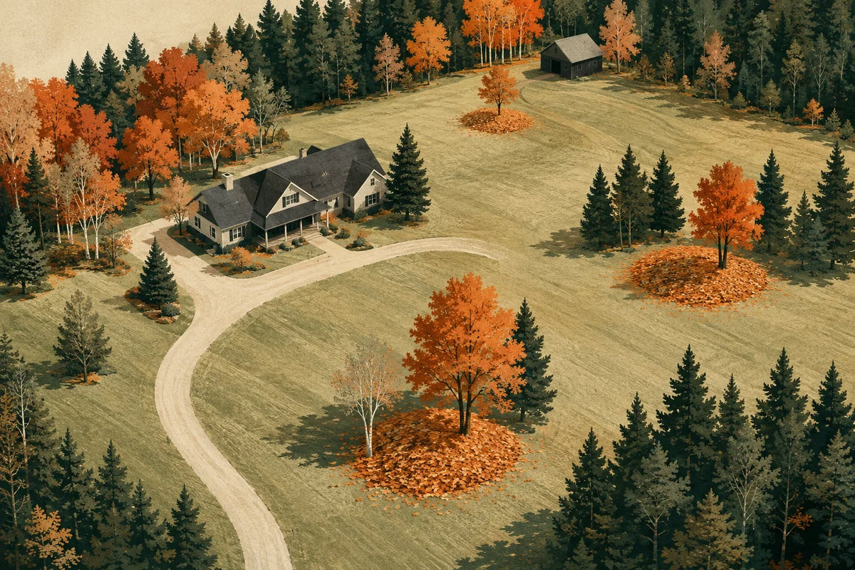 Leaf blower for large properties guide illustration showing cleanup zones around a rural home