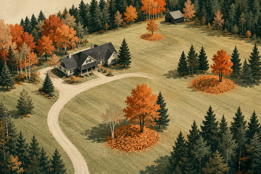 Leaf blower for large properties guide illustration showing cleanup zones around a rural home
