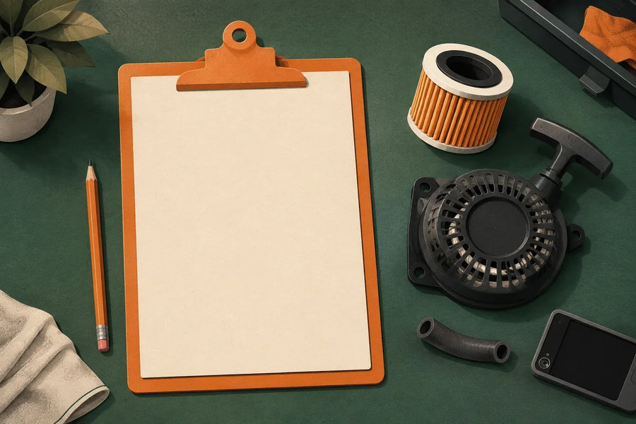 Leaf blower replacement parts illustration of a filter, pull-start housing and tube beside a blank clipboard