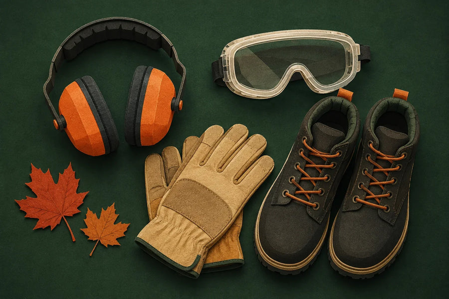 Leaf blower safety illustration of hearing protectors, safety goggles, work gloves and boots