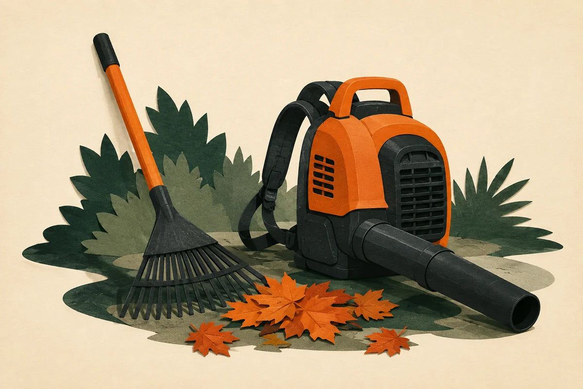 Leaf blower vs rake illustration featuring two complementary cleanup tools and orange autumn leaves