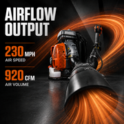 Schröder SR-6400L backpack leaf blower airflow infographic showing 230 MPH air speed and 920 CFM air volume.
