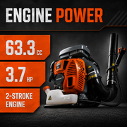 Schröder SR-6400L gas backpack leaf blower with 63.3 cc two-stroke engine and 3.7 HP specifications.