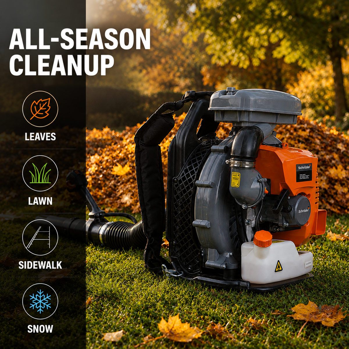 Schröder SR-6400L backpack leaf blower on an autumn lawn with leaf, lawn, sidewalk and snow cleanup icons.