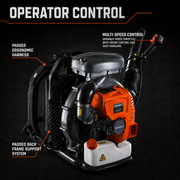 Schröder SR-6400L backpack leaf blower showing its throttle handle, padded harness and back support.