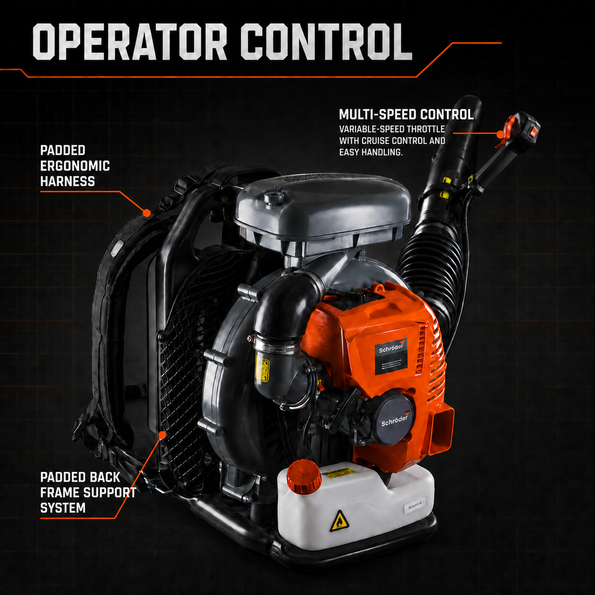 Schröder SR-6400L backpack leaf blower showing its throttle handle, padded harness and back support.