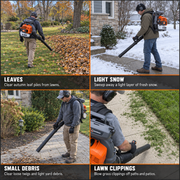 Schröder SR-6400L backpack leaf blower pictured clearing autumn leaves, light snow, small debris and lawn clippings.