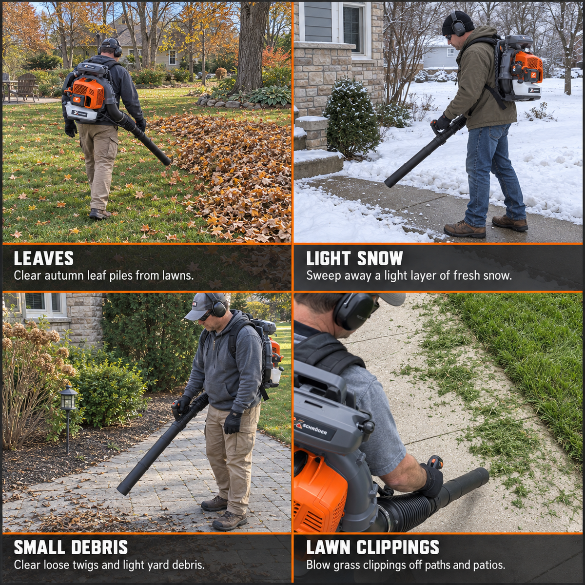 Schröder SR-6400L backpack leaf blower pictured clearing autumn leaves, light snow, small debris and lawn clippings.