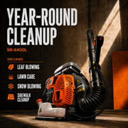 Schröder SR-6400L backpack leaf blower infographic illustrating leaf blowing, lawn care and sidewalk cleanup uses.