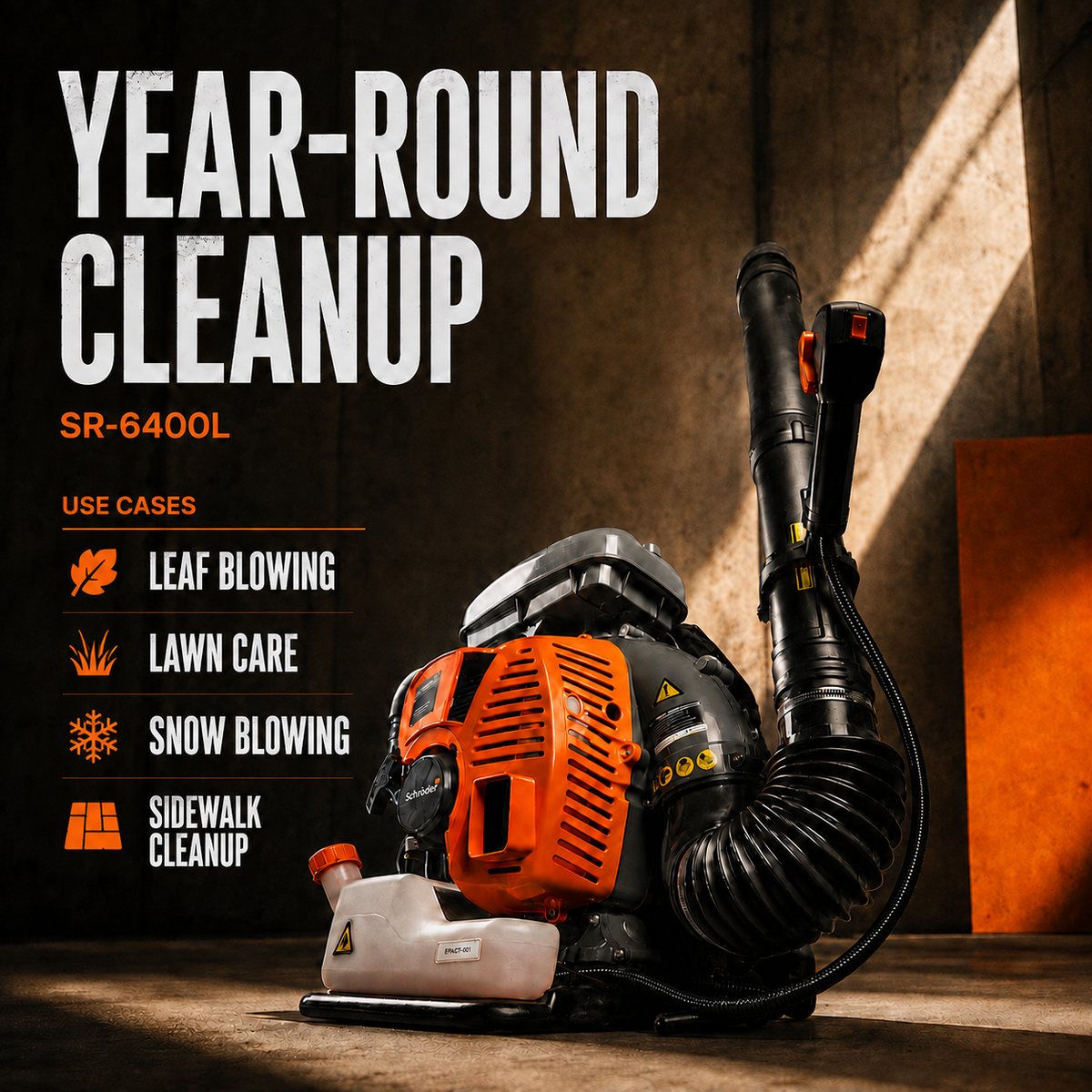 Schröder SR-6400L backpack leaf blower infographic illustrating leaf blowing, lawn care and sidewalk cleanup uses.