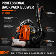 Schröder SR-6400L backpack leaf blower infographic showing the control handle, flexible tube, fuel tank and backpack frame.