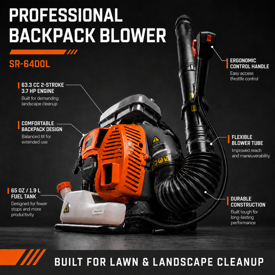 Schröder SR-6400L backpack leaf blower infographic showing the control handle, flexible tube, fuel tank and backpack frame.