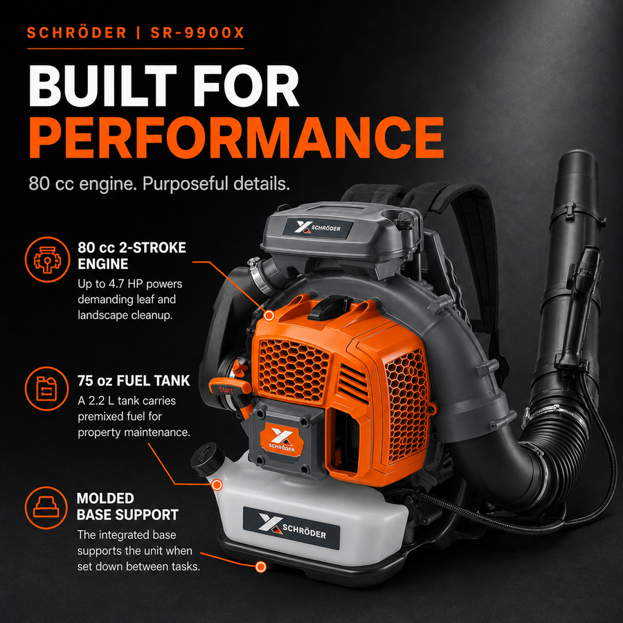Schröder SR-9900X backpack leaf blower showing its 80 cc two-stroke engine, fuel tank and molded base.