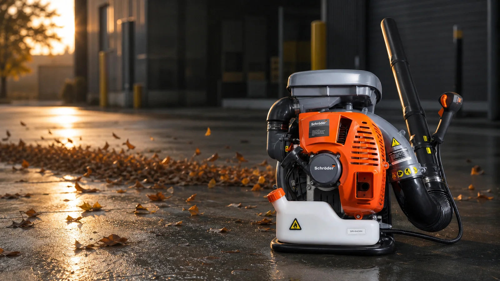 Schröder SR-6400L backpack leaf blower on a wet commercial plaza