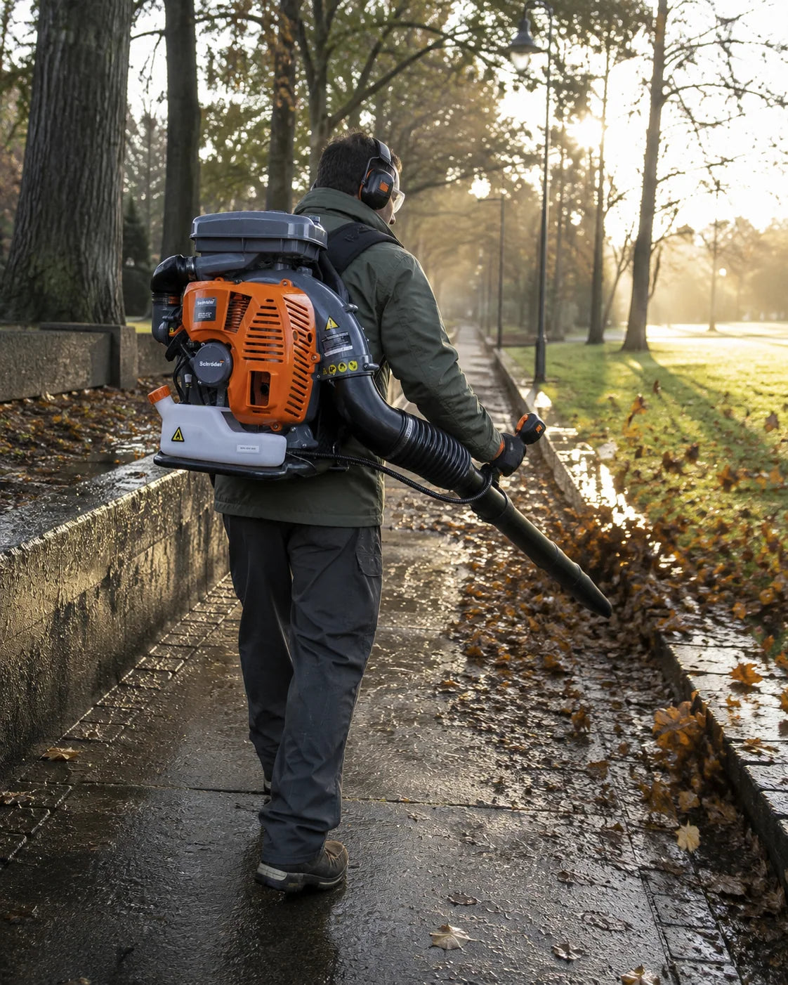 Schröder SR-6400L backpack leaf blower in action — Made for the grounds that matter