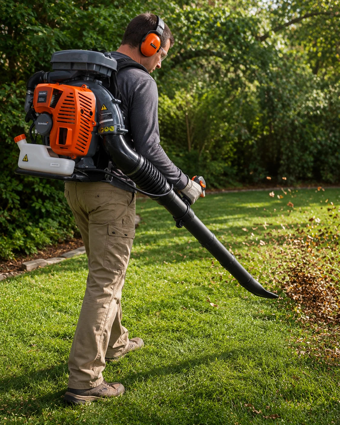 Schröder SR-6400L backpack leaf blower in action — Work the line. Finish the route.