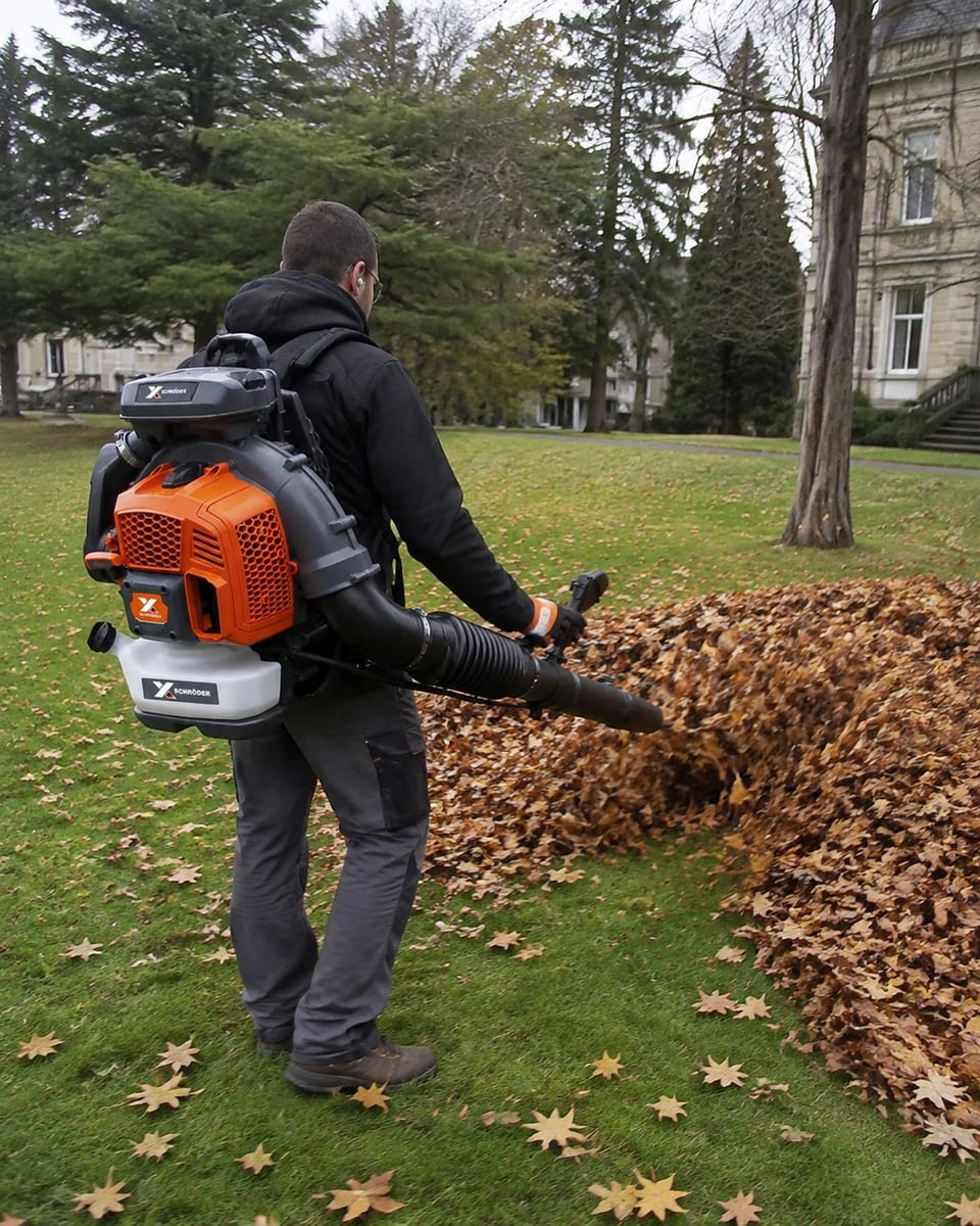 Schröder SR-9900X backpack leaf blower moving a pile of autumn leaves across a lawn.