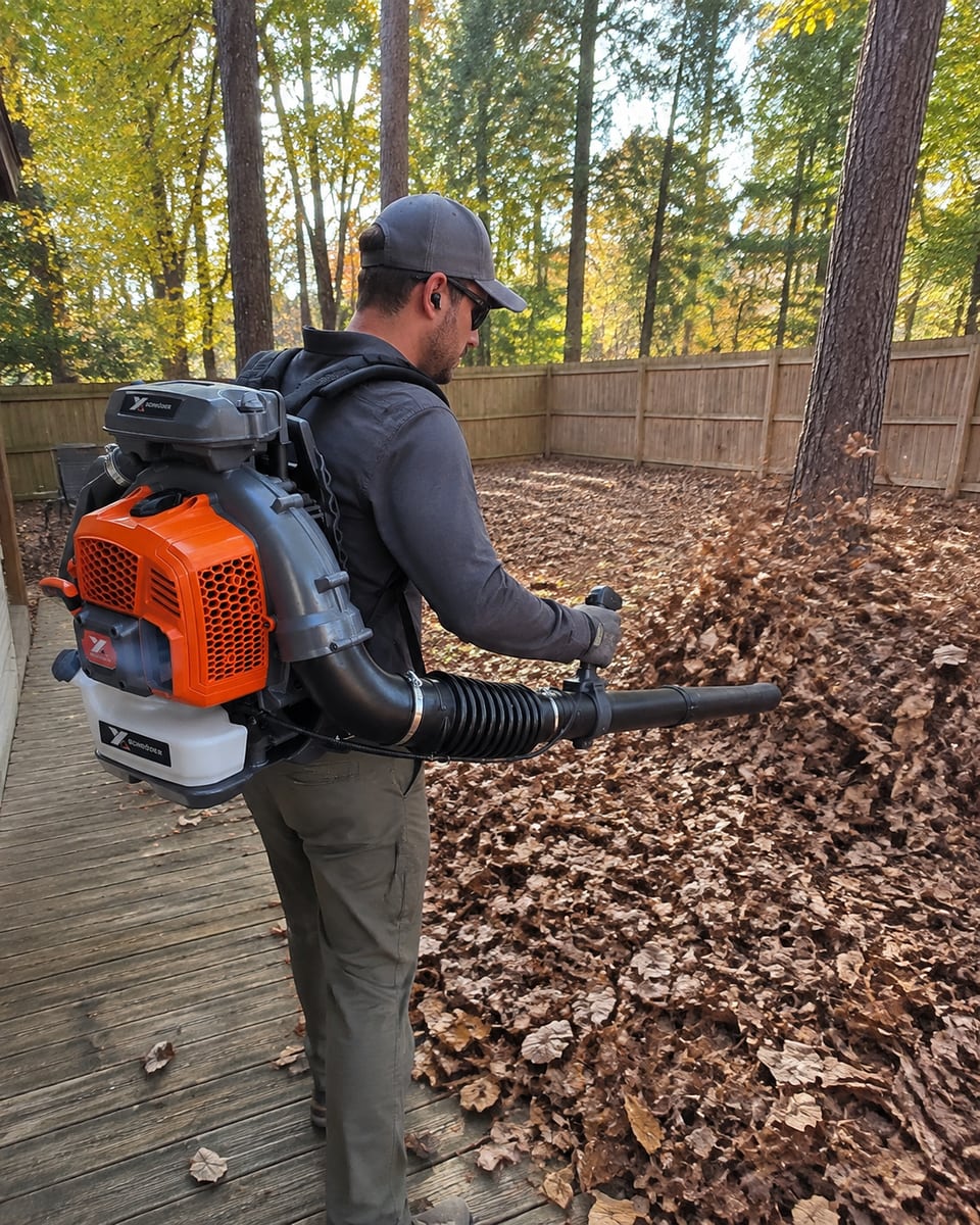 Schröder SR-9900X backpack leaf blower moving dry leaves beside a wooden backyard walkway.