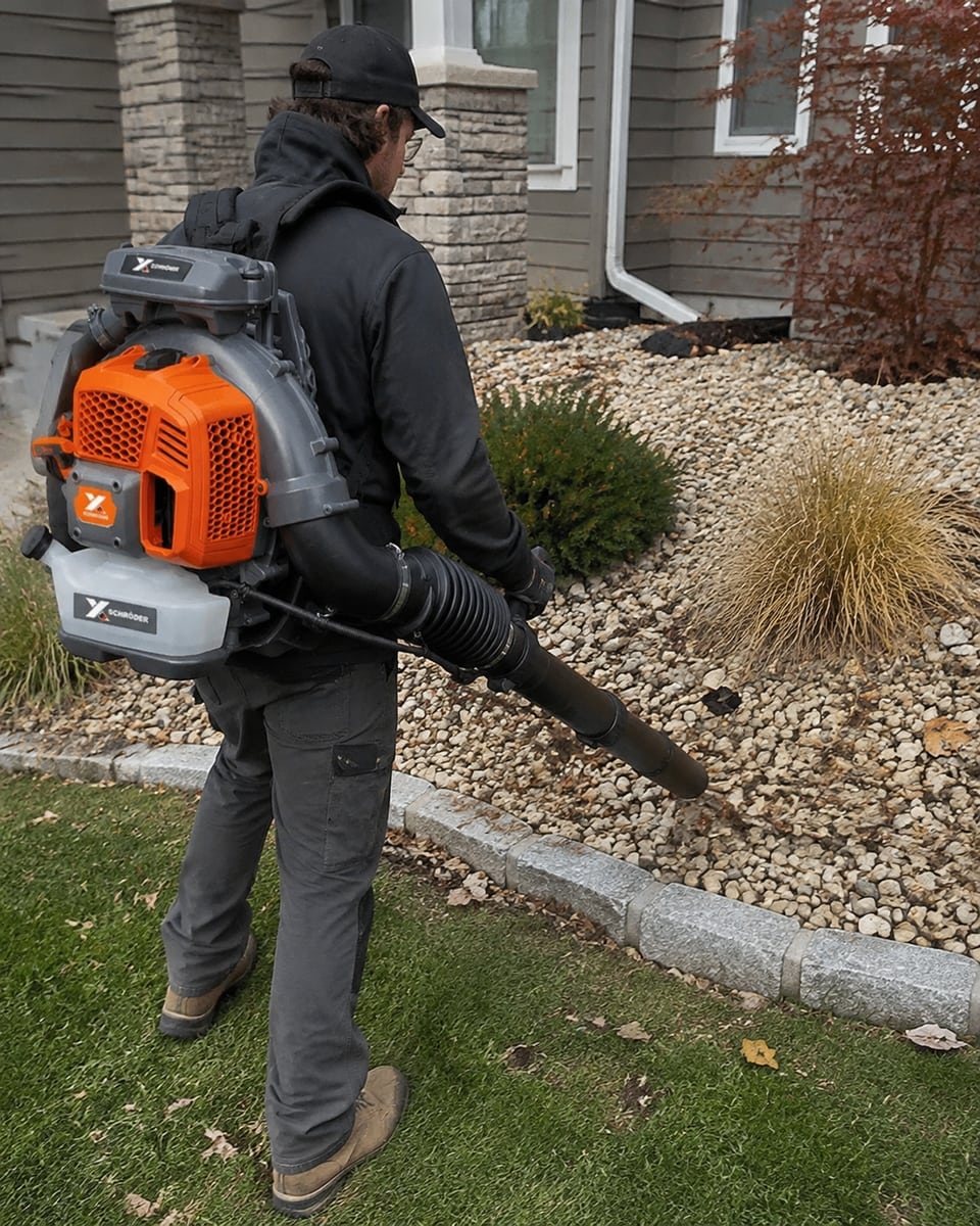 Operator carrying a Schröder SR-9900X backpack leaf blower beside a stone-edged landscape bed.
