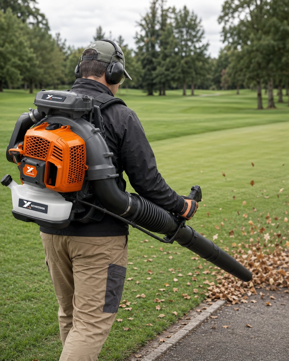 Operator wearing hearing protection and using a Schröder SR-9900X backpack leaf blower beside a park path.