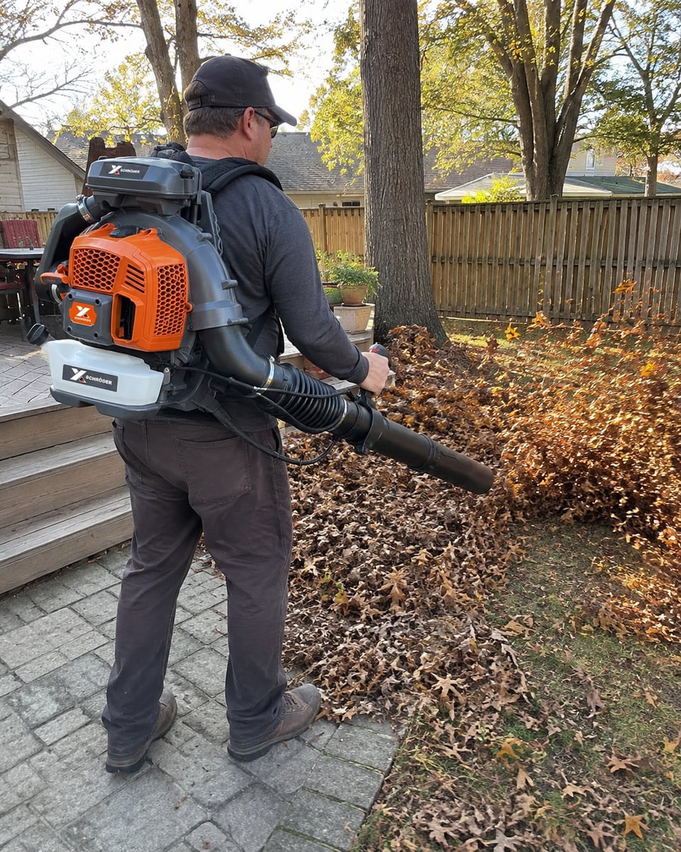 Operator using a Schröder SR-9900X backpack leaf blower to move autumn leaves off a paved patio.