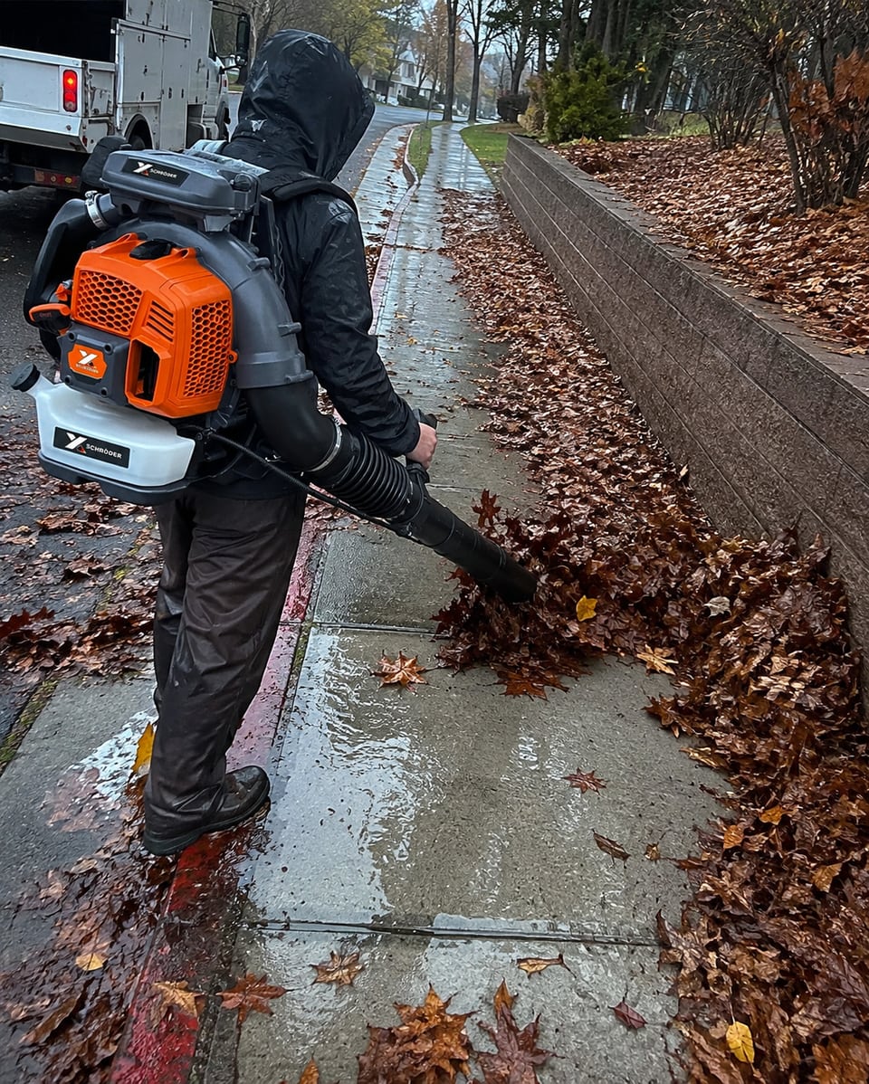 Schröder SR-9900X backpack leaf blower pictured moving wet leaves along a sidewalk beside a retaining wall.