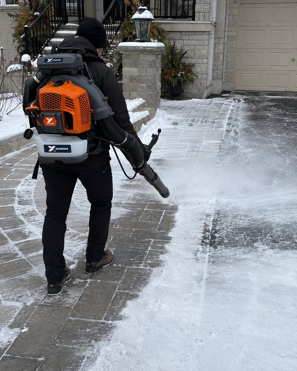 Schröder SR-9900X backpack leaf blower pictured with an operator on a lightly snow-covered driveway.