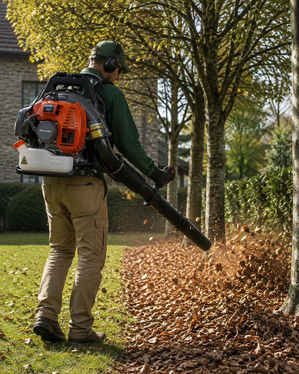 Operator wearing hearing protection and using a Schröder SR4800 backpack leaf blower along a tree-lined lawn.