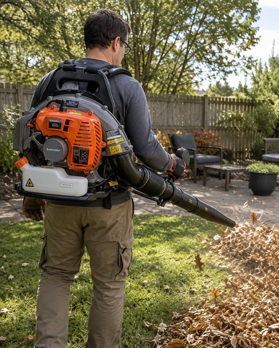 Rear view of a Schröder SR4800 backpack leaf blower moving autumn leaves beside a backyard patio and seating area.