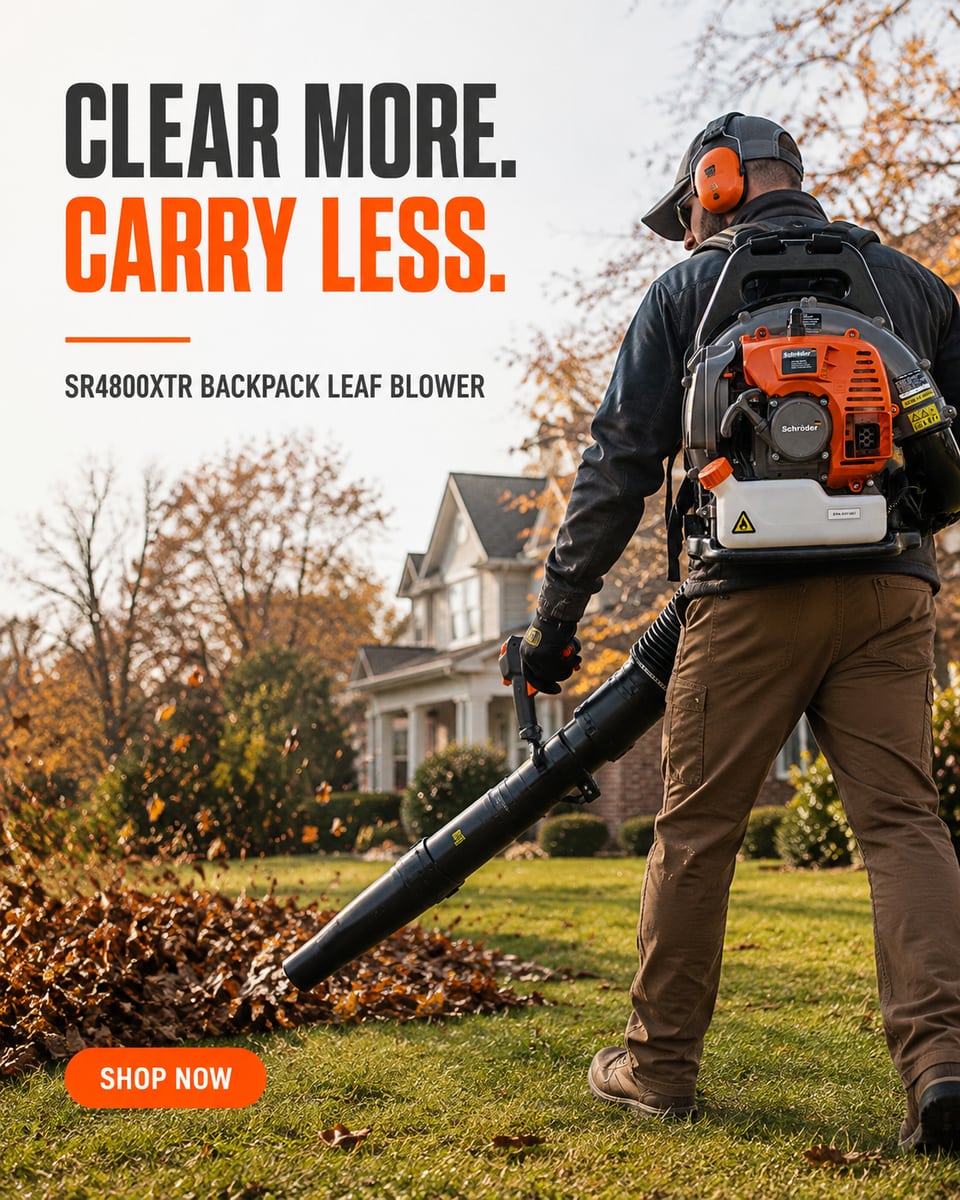 Backpack leaf blower campaign artwork showing an operator on an autumn lawn, with text: Clear more. Carry less. SR4800XTR backpack leaf blower. Shop now.