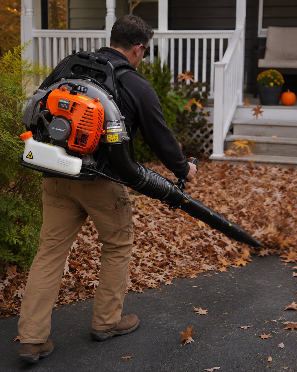 Operator using a Schröder SR4800 backpack leaf blower to clear fallen leaves from a front walk beside a porch.