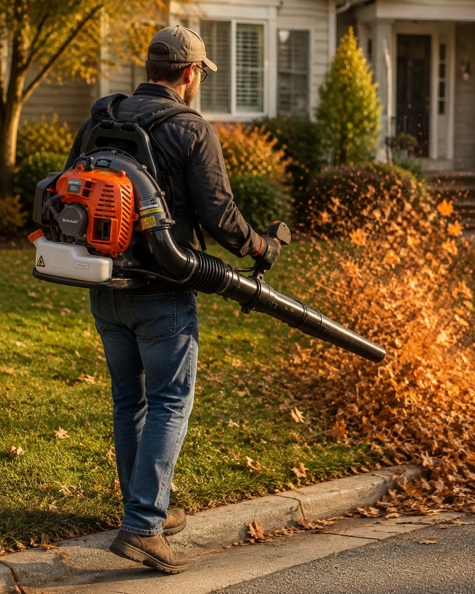 Schröder SR4800 backpack leaf blower in use along a front lawn and curb in warm evening light.