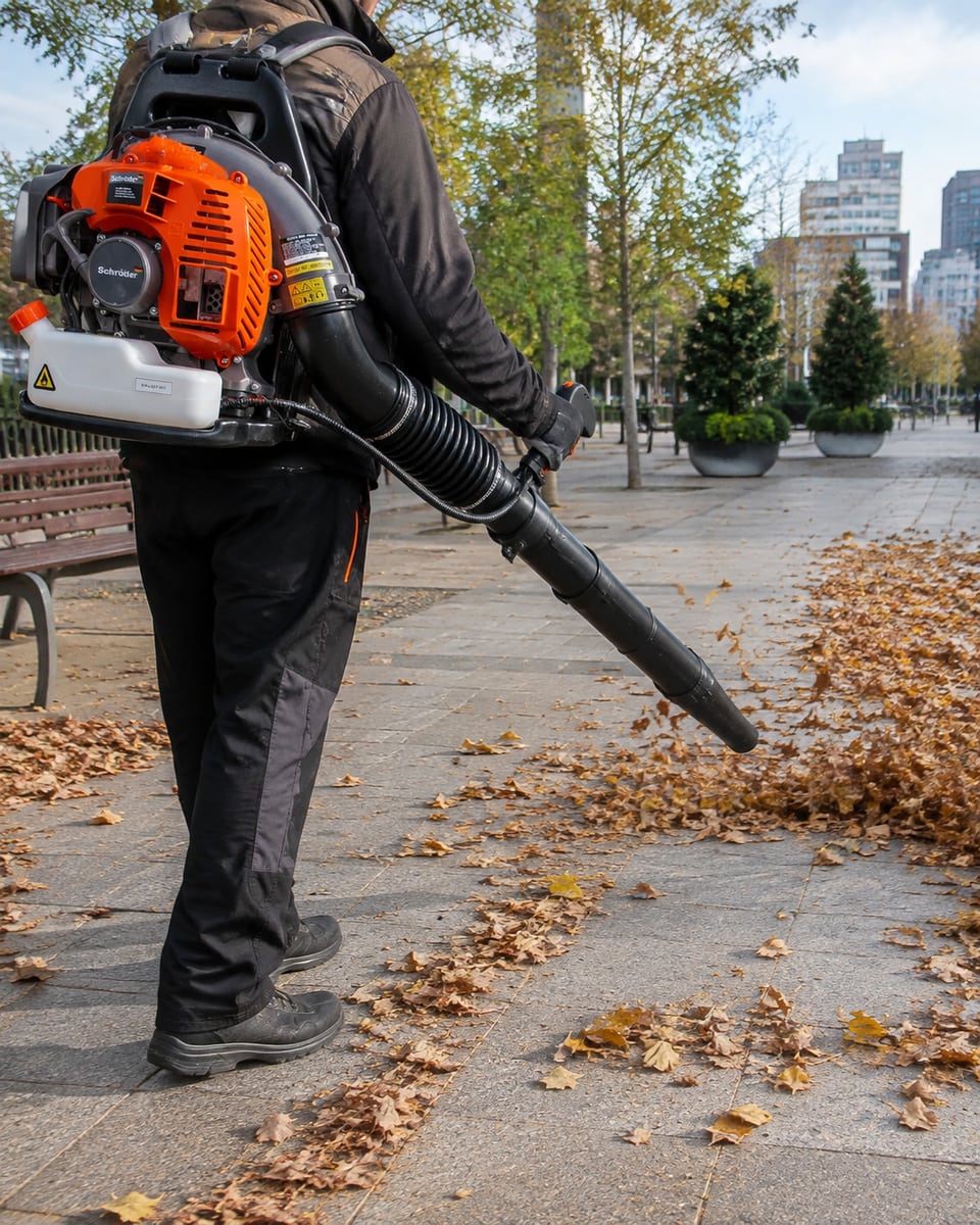 Schröder SR4800 backpack leaf blower in use on a paved urban plaza beside benches, trees and planters.