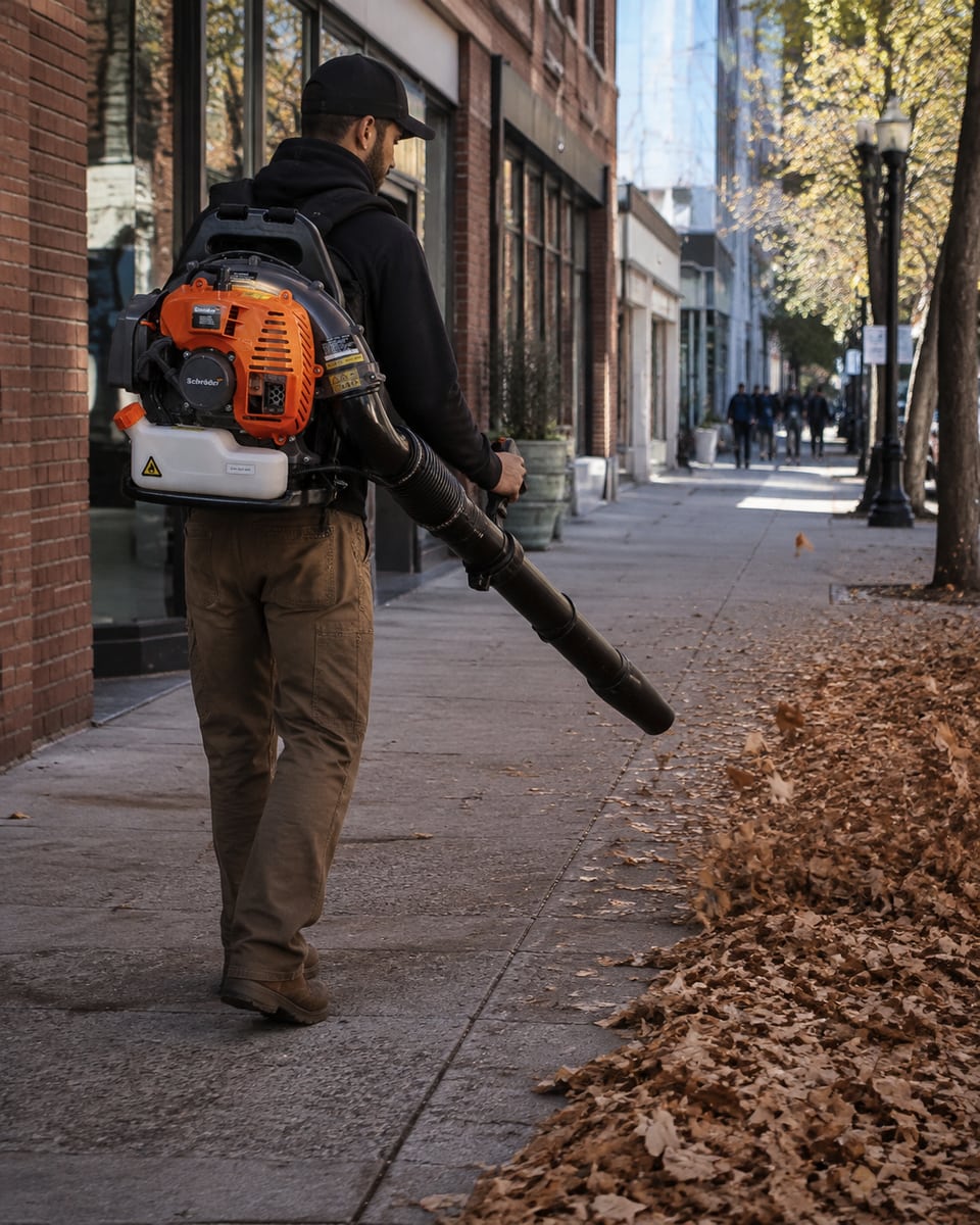 Operator using a Schröder SR4800 backpack leaf blower to clear dry leaves from a sidewalk beside brick storefronts.