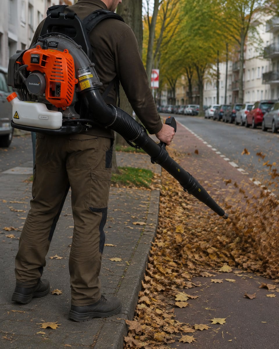 Schröder SR4800 backpack leaf blower moving fallen leaves along a tree-lined residential street.