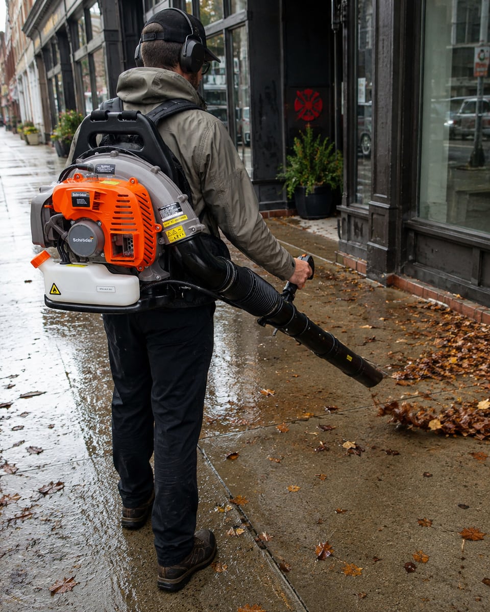 Operator carrying a Schröder SR4800 backpack leaf blower on a wet sidewalk with scattered leaves outside shops.